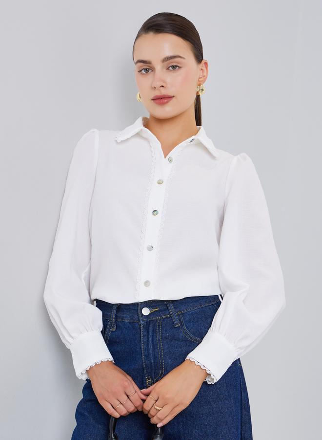 Styli Women Off-White Lace Trim Long Sleeve Shirt - Image 5